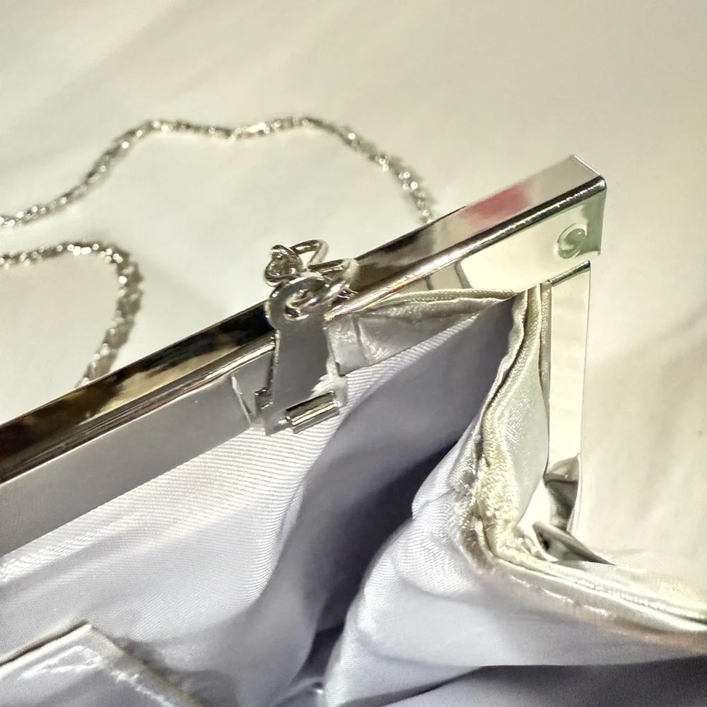 Gunne Sax Silver Satin Clutch Purse Chain Strap